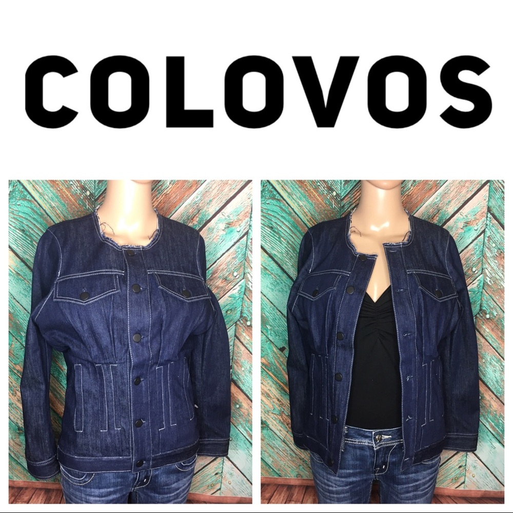 Rare Colovos Cinched Waist Collarless Denim Jacket